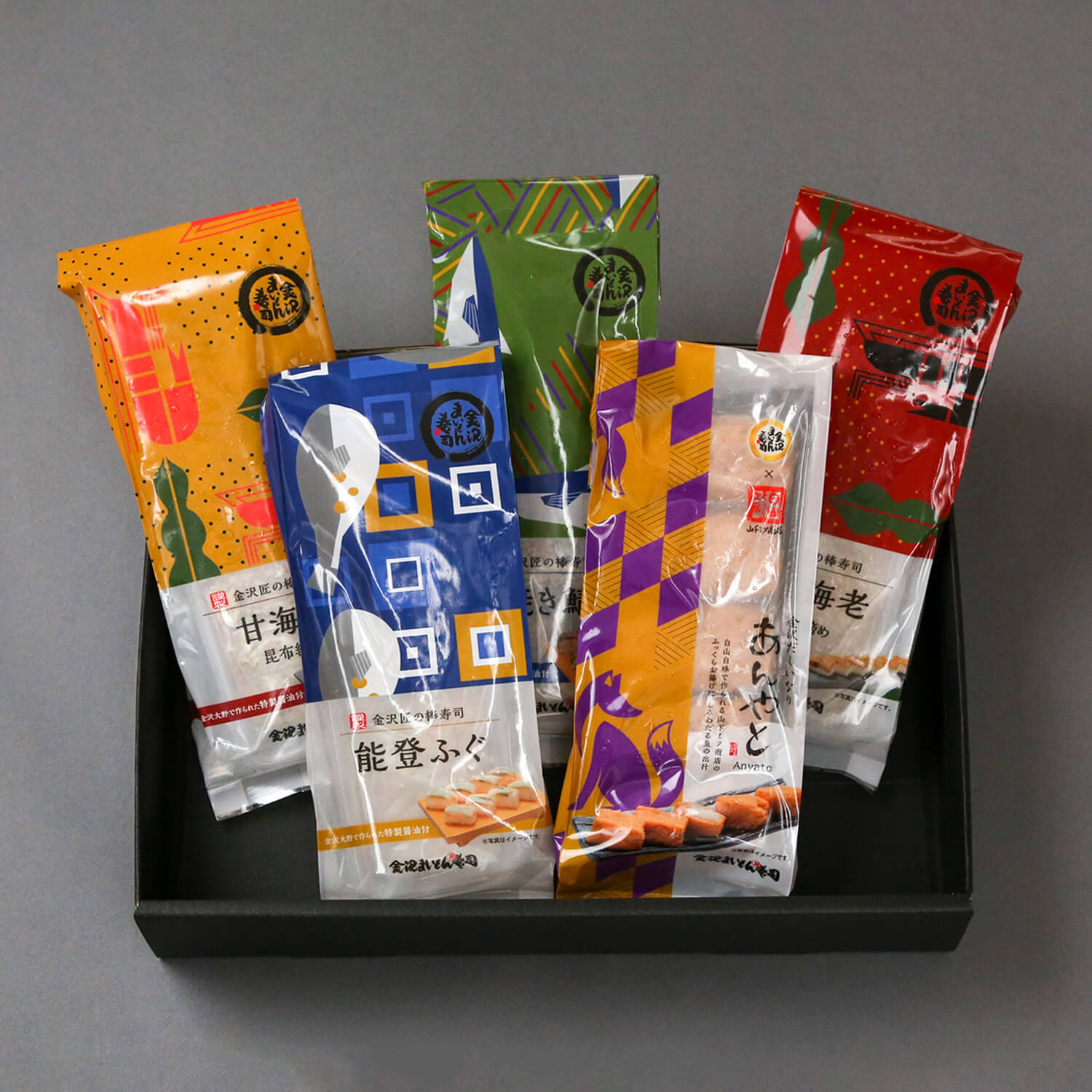 金沢だしいなり・棒寿司4種セット(能登ふぐ・甘海老・ガス海老・焼き鯖)