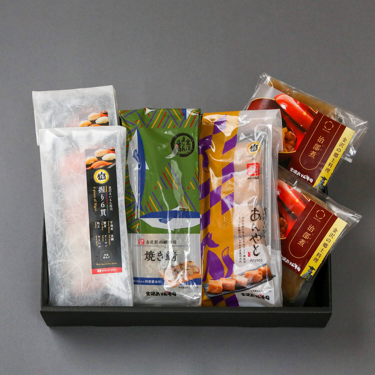 握り6貫(2個)・棒寿司(焼き鯖)・金沢だしいなり・治部煮(2個)セット