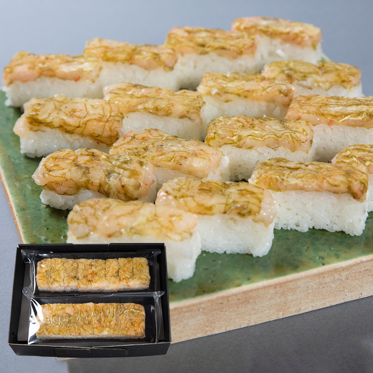 北陸の海老を味わう棒寿司(甘海老・ガス海老昆布締め)