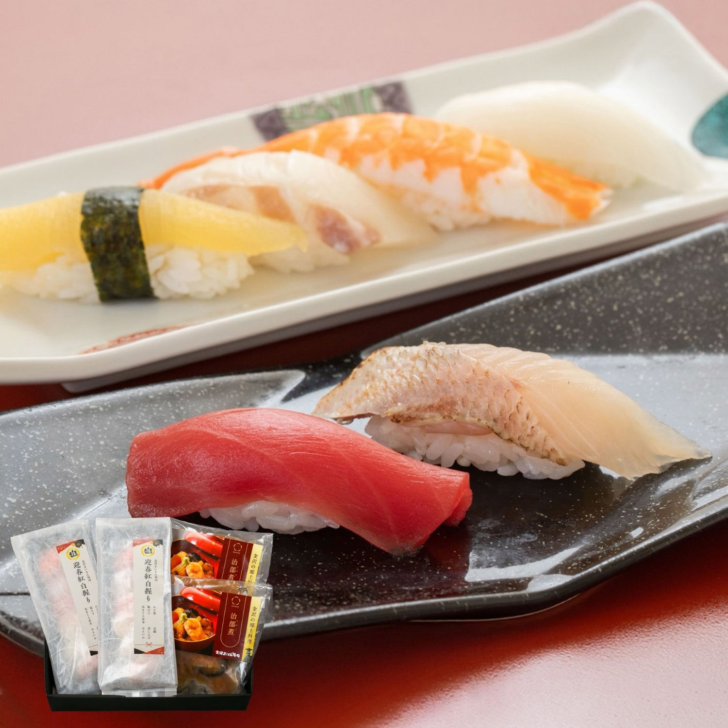 【予約受付中】迎春紅白握り（2個セット / 金沢の醤油付き）・治部煮（2個セット）※11月20日より順次お届け